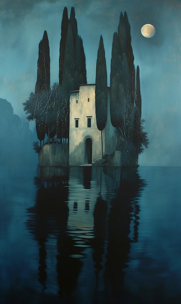Gemälde eines alten italienischen Palastes aus dem Jahr 1900, das am Abend in ruhigem Wasser in blauem Nebel gelegt wurde