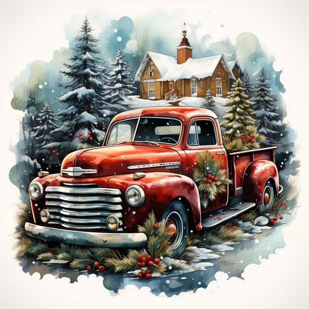 Gemälde eines alten roten Lastwagens mit einem Weihnachtsbaum im Bett generative ai