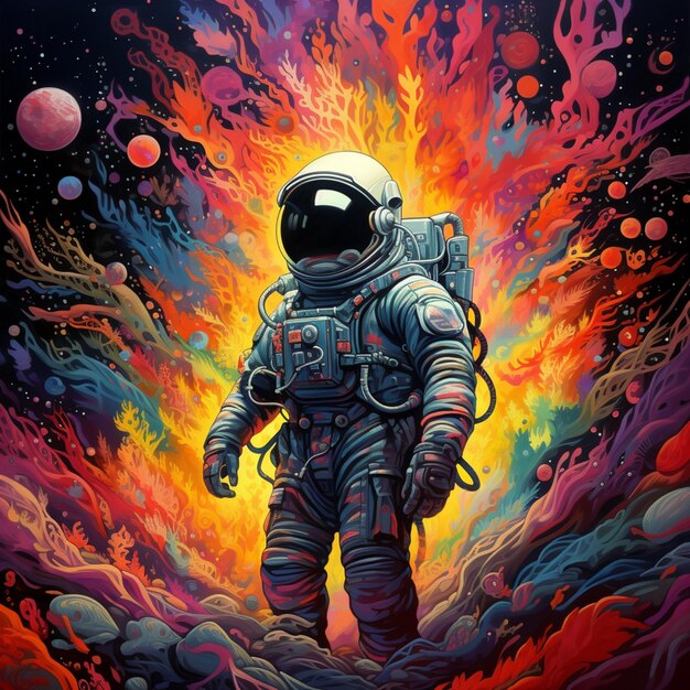 Gemälde eines Astronauten in einem Raumanzug, der durch ein Lavafeld läuft, generative KI