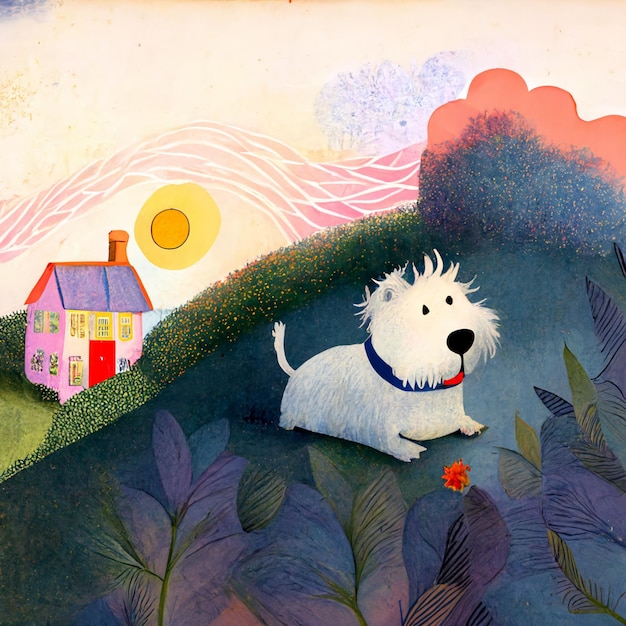 Gemälde eines auf einem Feld sitzenden Hundes mit einem Haus im Hintergrund