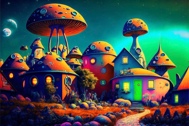 Gemälde eines außerirdischen Dorfes bei Nacht, generative KI