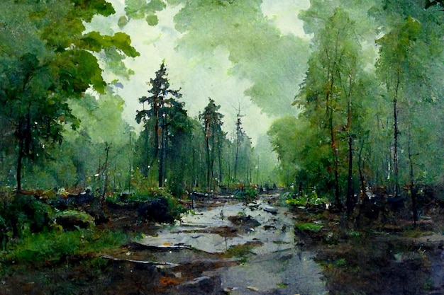 Gemälde eines Baches, der durch einen Wald fließt, mit Bäumen im Hintergrund, generative KI