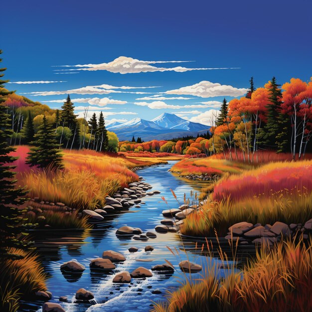 Gemälde eines Baches, der durch einen Wald fließt, mit Bergen im Hintergrund