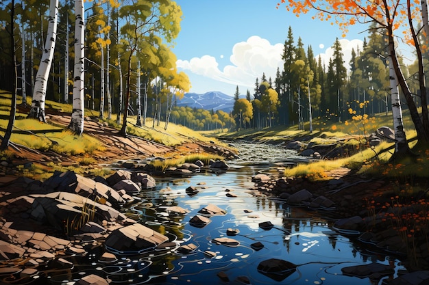 Gemälde eines Baches, der durch einen Wald fließt, mit Felsen und Bäumen