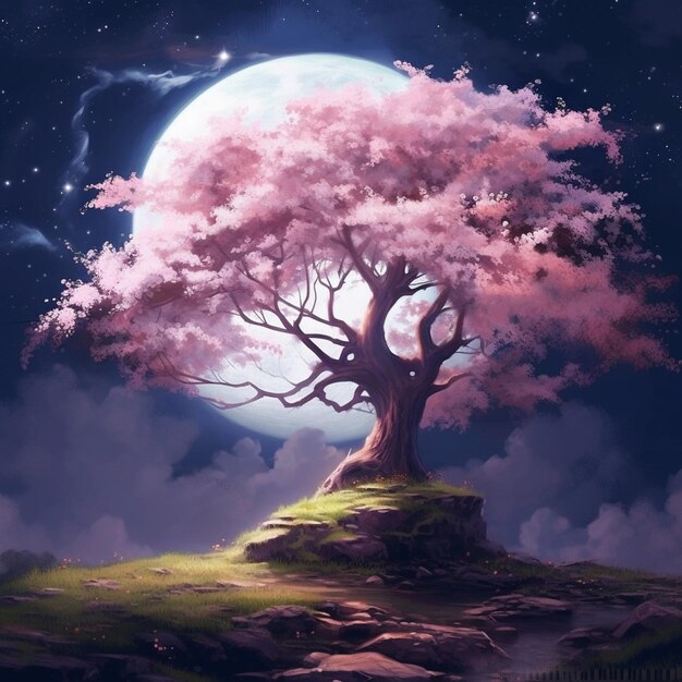 Gemälde eines Baumes auf einem Hügel mit Vollmond im Hintergrund generative KI