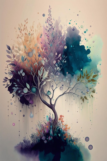 Gemälde eines Baumes inmitten eines Feldes Generative Ai
