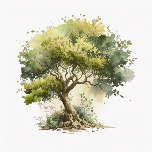 Gemälde eines Baumes mit einem grünen Blattstamm und einem weißen Hintergrund, generative KI