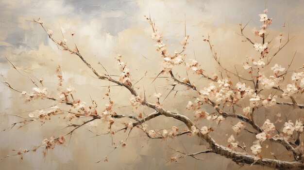 Gemälde eines Baumes mit weißen Blumen gegen einen bewölkten Himmel generative ai