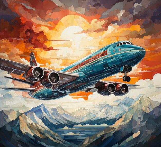 Gemälde eines blauen Flugzeugs, das am Himmel fliegt, mit einem Berg im Hintergrund, generative KI