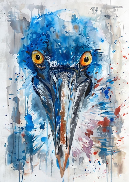 Gemälde eines blauen Vogels mit orangefarbenen Augen und einem langen Schnabel