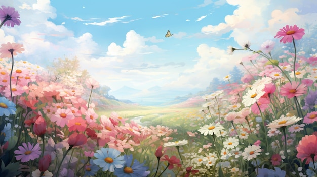 Gemälde eines Blumenfeldes mit einem über ihm fliegenden Schmetterling