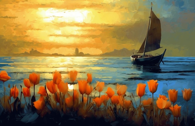 Gemälde eines Bootes im Meer mit orangefarbenen Blumen im Vordergrund, generative KI