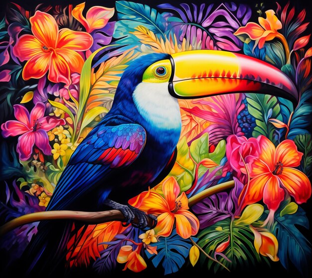 Gemälde eines bunten Vogels, der auf einem Zweig mit Blumen sitzt