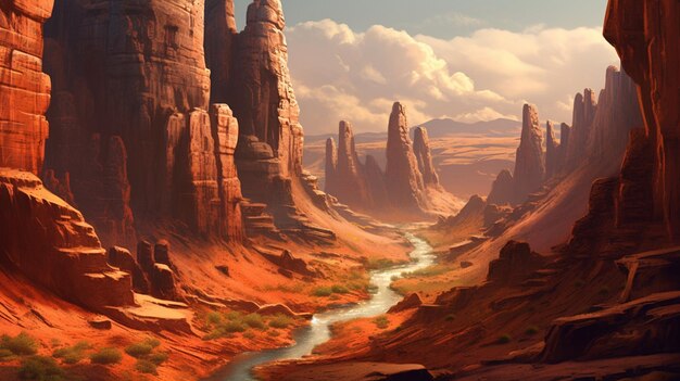 Gemälde eines Canyons mit einem Fluss, der durch ihn fließt