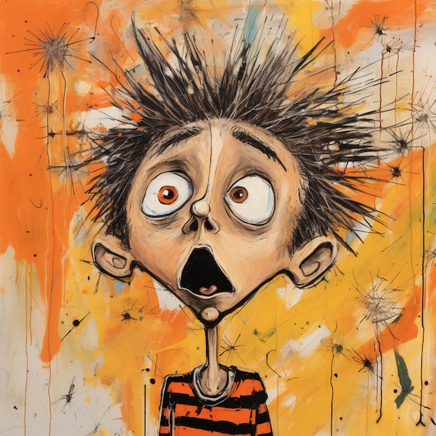 Gemälde eines Cartoon-Jungen mit stacheligem Haar und gestreiftem Hemd, generative KI
