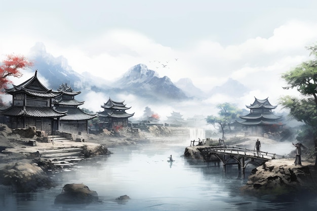 Gemälde eines chinesischen Dorfes mit einem Fluss und Bergen im Hintergrund generativ ai