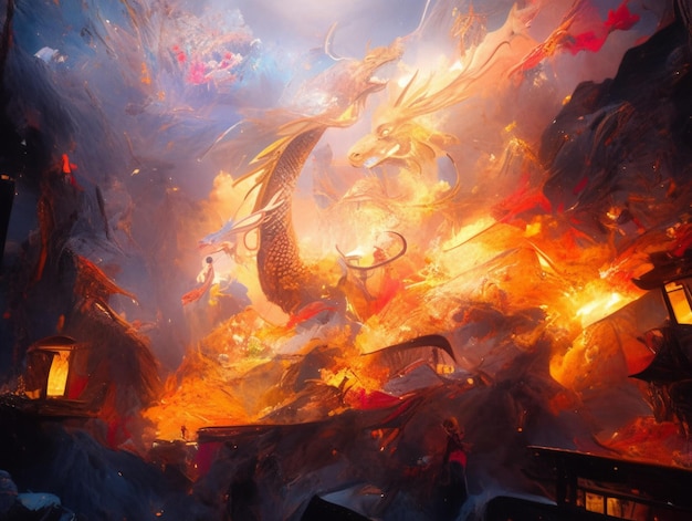 Gemälde eines Drachen, der mit viel Feuer erzeugender KI durch einen Himmel fliegt