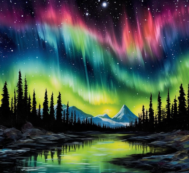Gemälde eines farbenfrohen Polarlichts mit einem Berg und Bäumen, generative KI