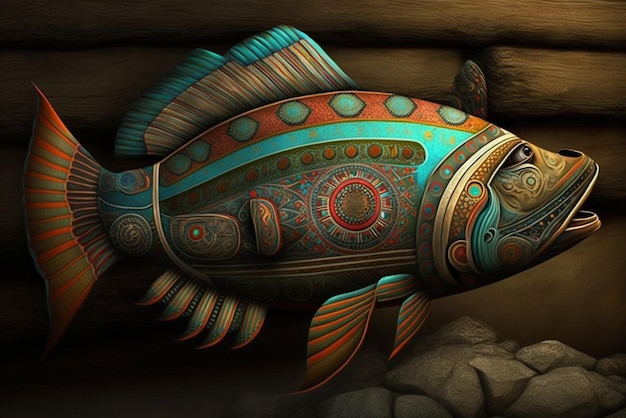 Gemälde eines Fisches in einer Höhle mit generativem Holzzaun