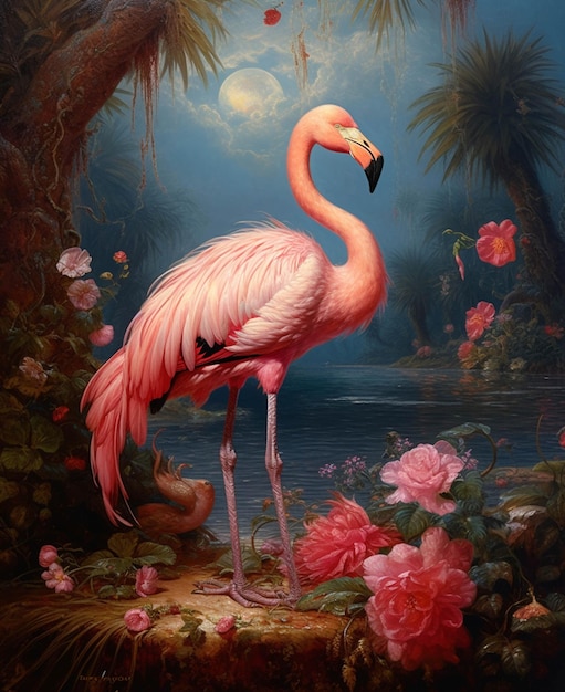 Gemälde eines Flamingos, der in einem Garten mit Blumen und einem generativen Vollmond steht