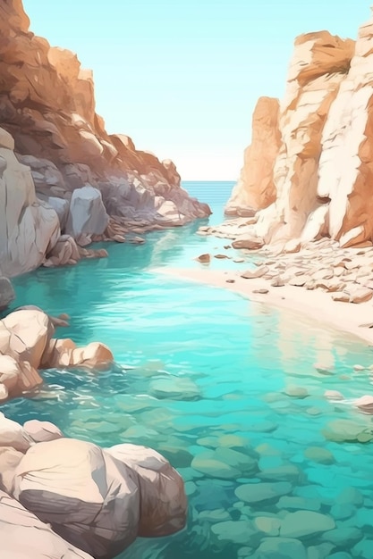 Gemälde eines Flusses, der durch eine felsige Schlucht neben einem Strand fließt