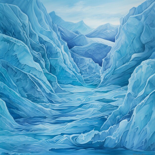 Gemälde eines Flusses in einem Bergtal mit Eisbergen generativ ai