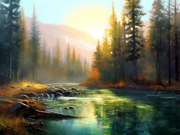 Gemälde eines Flusses in einem Wald mit einem Berg im Hintergrund generativ ai