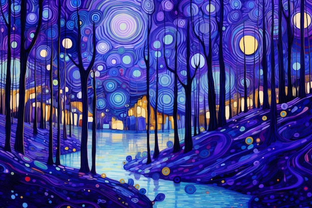 Gemälde eines Flusses in einem Wald mit vielen Lichtern, generativer KI