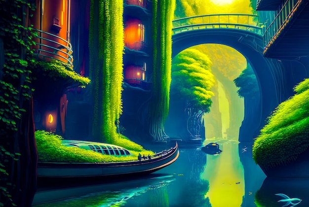 Gemälde eines Flusses mit Brücke im Hintergrund Generative KI