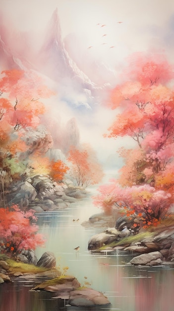 Gemälde eines Flusses mit einem Berg im Hintergrund generativ ai