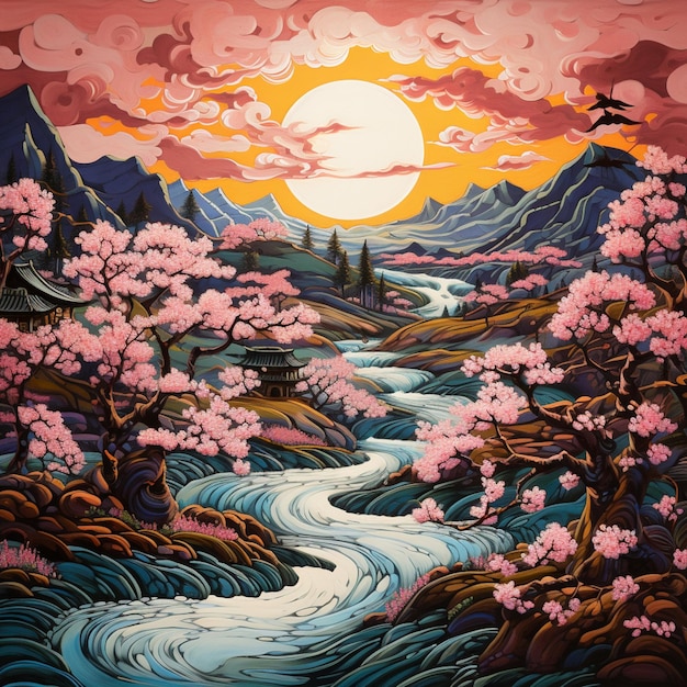 Gemälde eines Flusses mit einem Wasserfall und Bergen im Hintergrund generativ ai