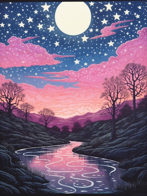 Gemälde eines Flusses mit Mond und Sternen am Himmel