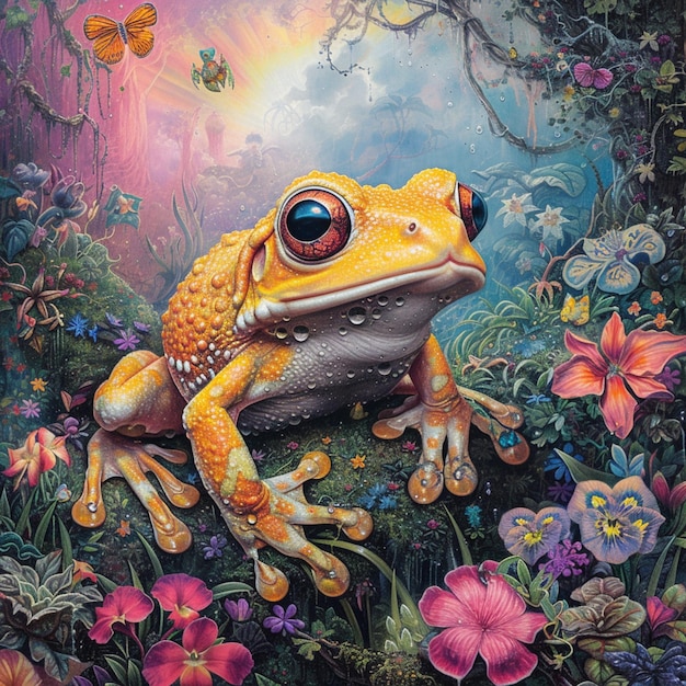 Gemälde eines Frosches, der auf einem Felsen sitzt und von Blumen umgeben ist