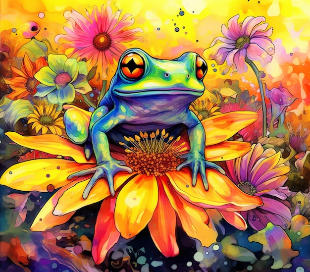 Gemälde eines Frosches, der auf einer Blume sitzt, mit gelbem Hintergrund, generative KI