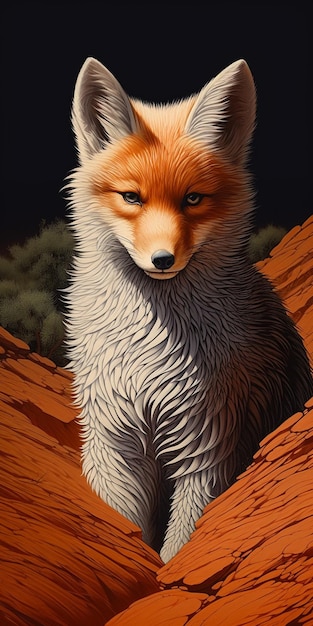 Gemälde eines Fuchses in der Wüste mit dunklem Hintergrund generativ ai