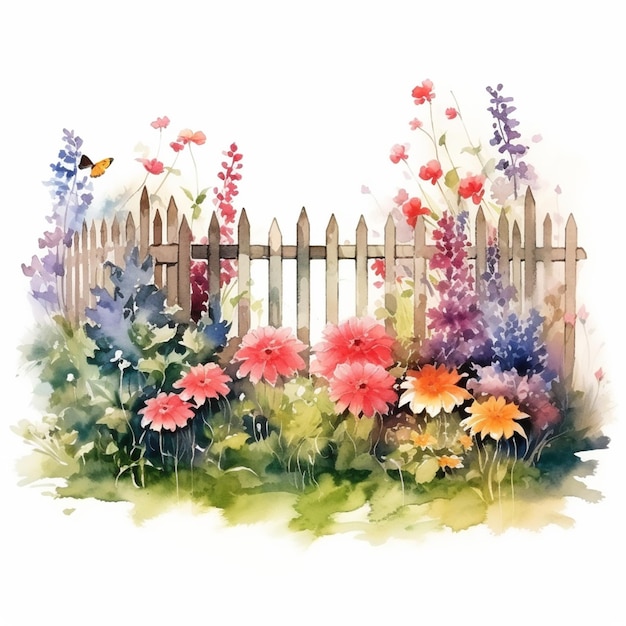 Gemälde eines Gartens mit Blumen und eines Zauns mit einem generativen Schmetterling
