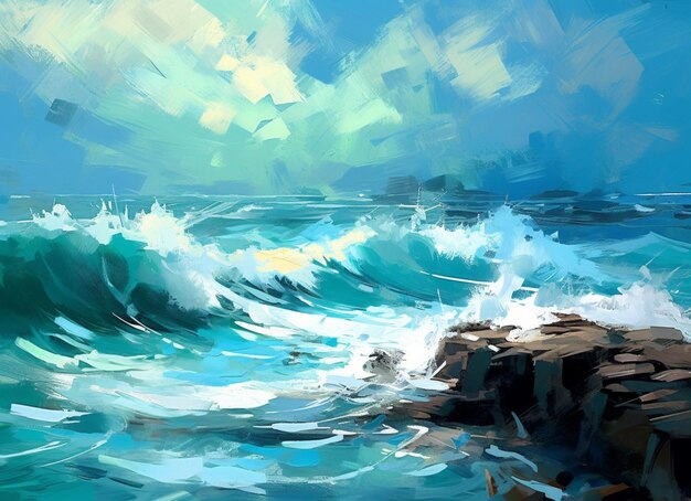 Gemälde eines Gemäldes einer Welle, die sich an einem felsigen Ufer bricht, generative KI