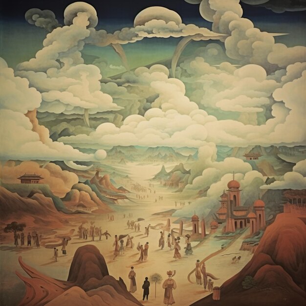 Gemälde eines Gemäldes einer Wüstenszene mit Menschen und einem regenbogengenerativen KI