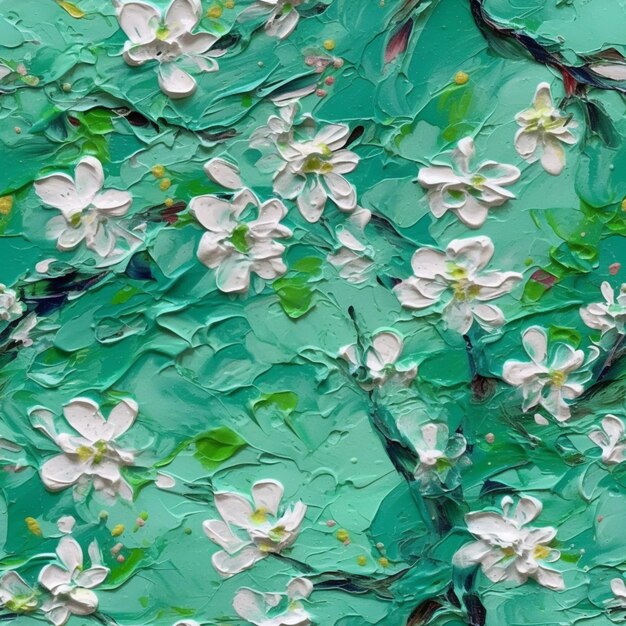 Gemälde eines Gemäldes eines Baumes mit weißen Blumen auf grünem Hintergrund generative KI
