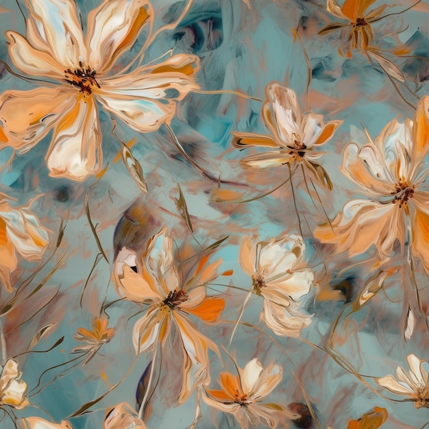 Gemälde eines Gemäldes eines Blumenstraußes auf blauem Hintergrund generative KI