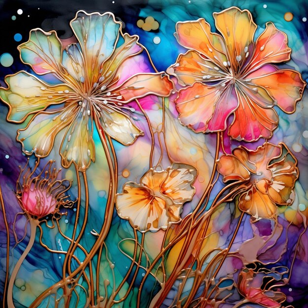 Gemälde eines Gemäldes von Blumen mit blauem Hintergrund generativ ai