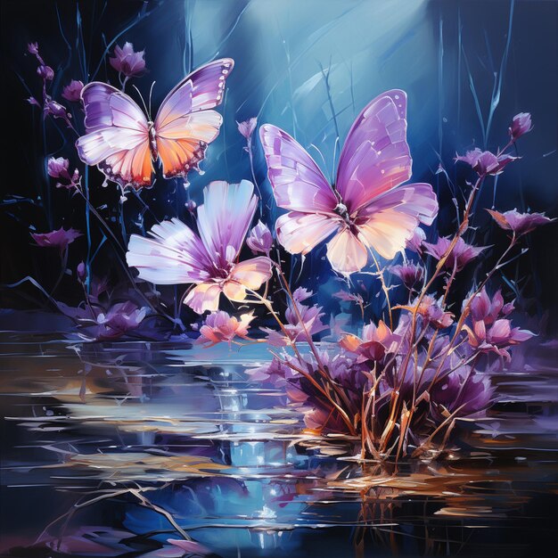 Gemälde eines Gemäldes von einem Bündel von Blumen und Schmetterlingen generative ai