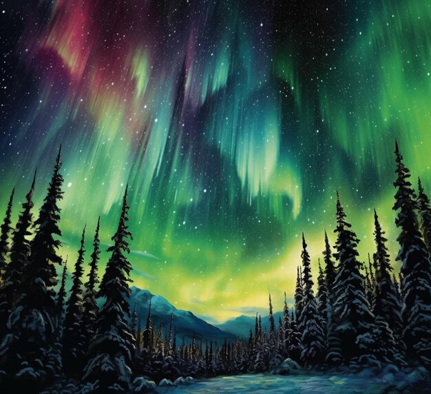 Gemälde eines grünen und violetten Polarlichts über einem verschneiten Wald, generative KI
