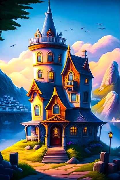 Gemälde eines Hauses auf einem Hügel. Generative KI