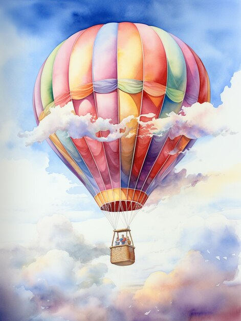 Foto gemälde eines heißluftballons, der mit wolken am himmel fliegt