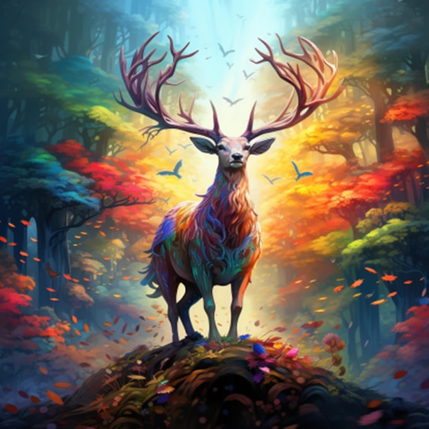 Gemälde eines Hirsches, der in einem See mit Bergen im Hintergrund steht, generative KI