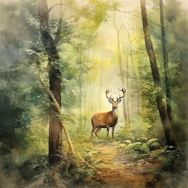 Gemälde eines Hirsches in einem Wald mit einem Pfad im Vordergrund generative KI