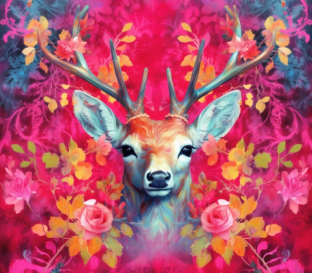 Gemälde eines Hirsches mit Geweih und Blumen auf rosa Hintergrund, generative KI