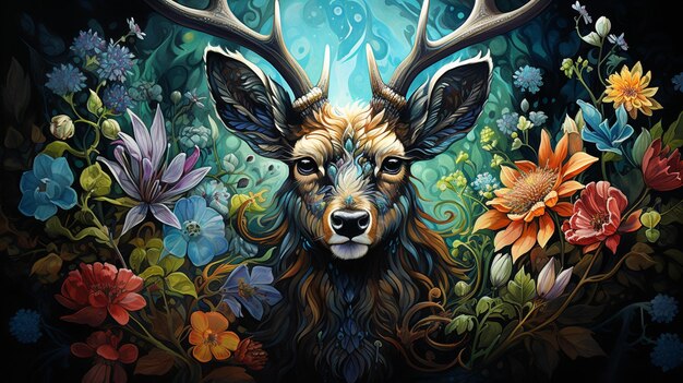 Gemälde eines Hirsches mit Geweih und Blumen in einem generativen Wald