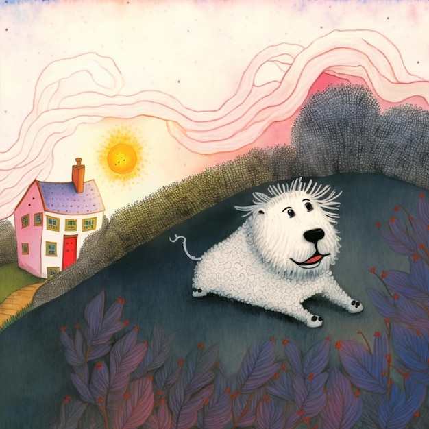 Gemälde eines Hundes auf einem Feld mit einem Haus im Hintergrund generativ ai